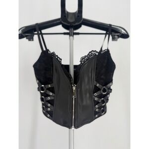 Outcast Black Faux Leather Lace Corset Bustier Top Strappy Zip Front Goth Small